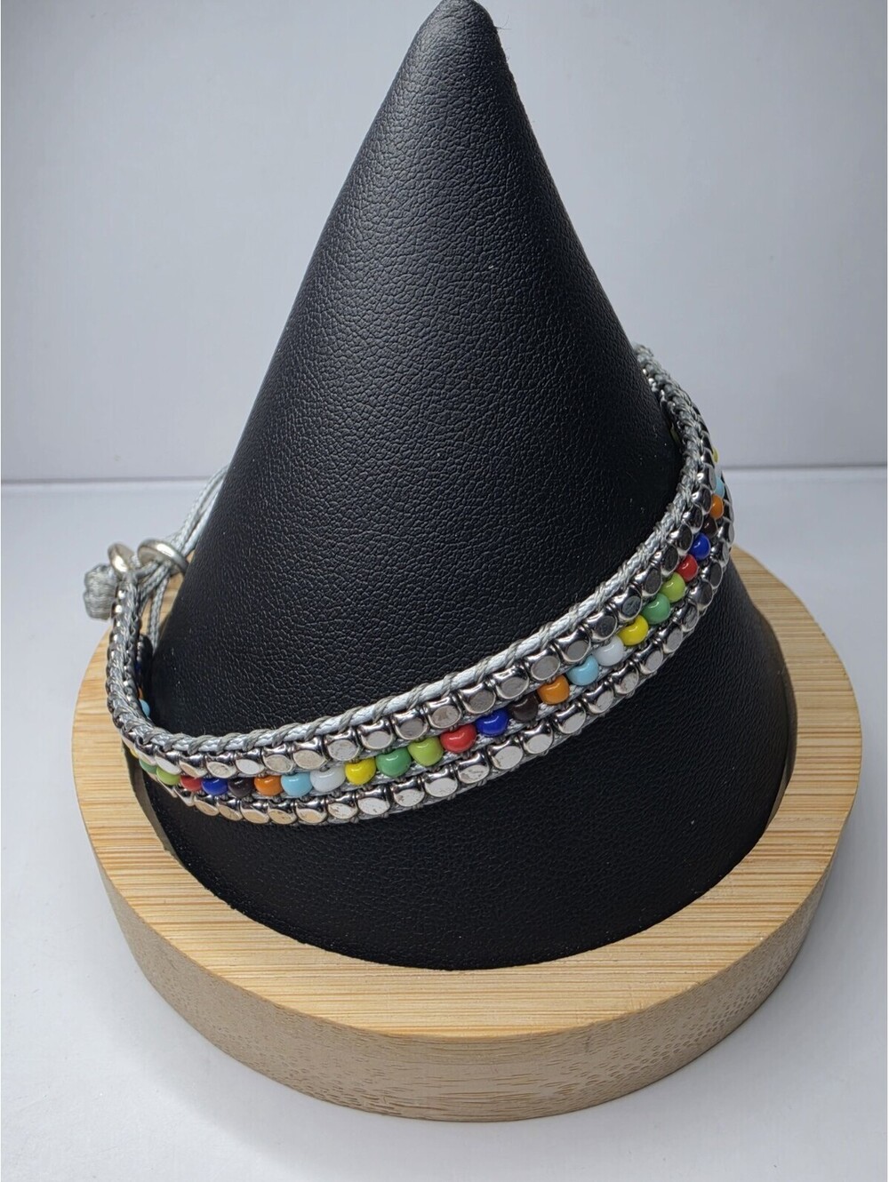 Boho Beaded Wrap Bracelet Multi Color Seed Beads Silver Tone Gray Cord